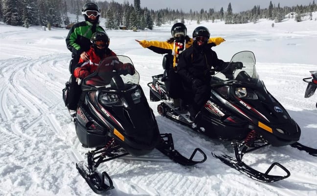 Group of snowmobilers on groomed trail through snow-covered pines in Northern Wisconsin